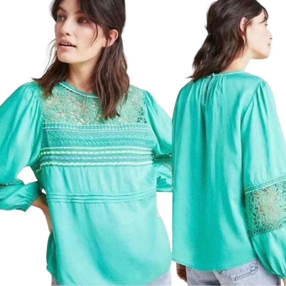Anthro Blank London Boho Lace Yoke Peasant Blouse Emerald Green Embroidery